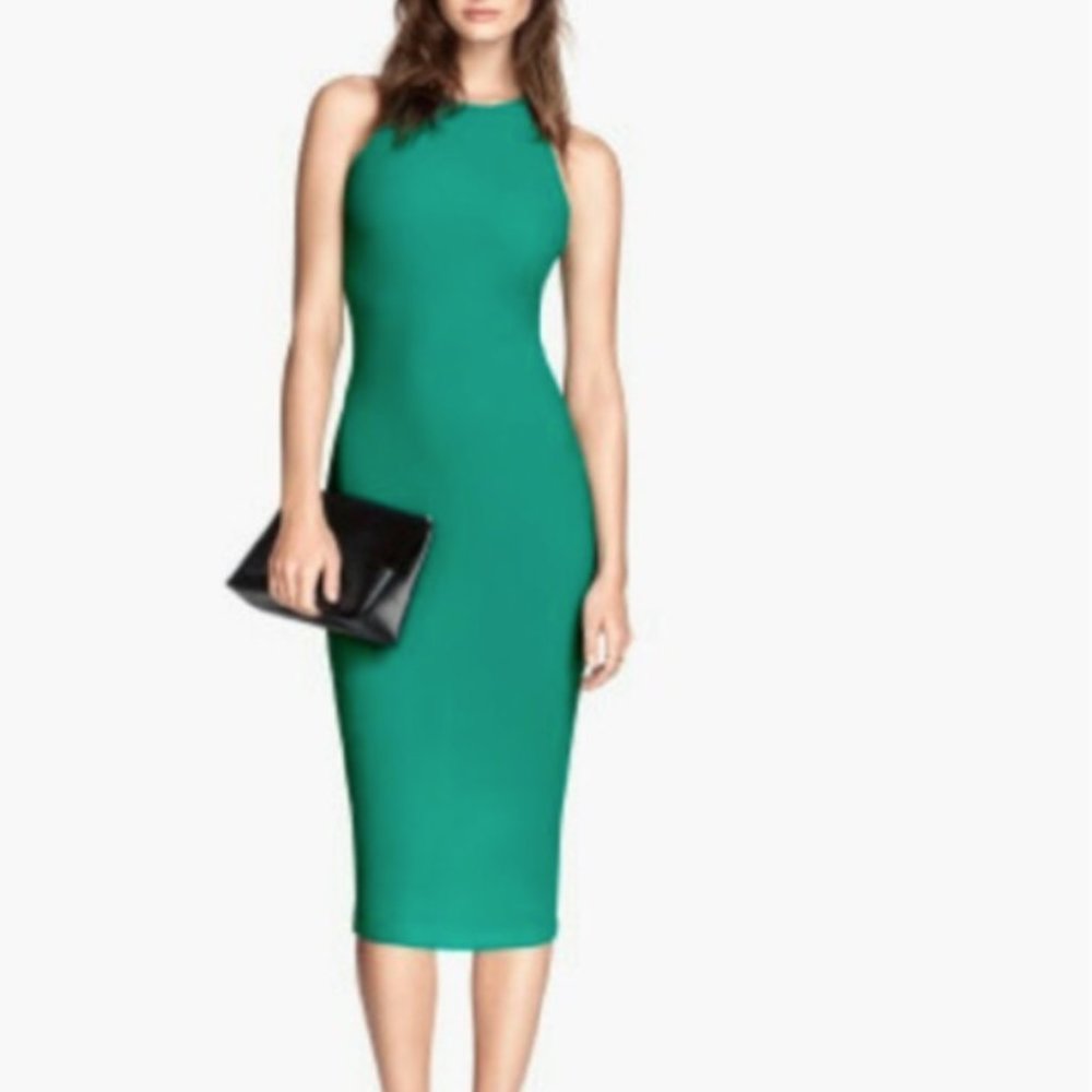 H&M textured racerback midi bodycon dress teal 4